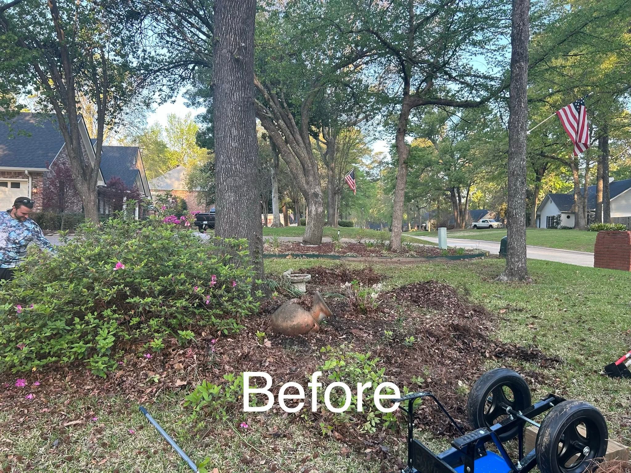 A suburban front yard with large trees, American flags, and houses in the background. There is a person in a patterned shirt on the left, gardening tools, and a wheelbarrow in the foreground. The grass and trees are green, suggesting spring or summer.