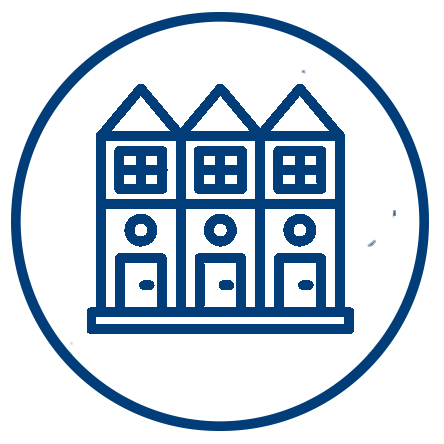 Icon of a row of three houses inside a circle.
