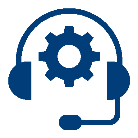 Icon of a headset with a gear inside, representing customer support or technical assistance.