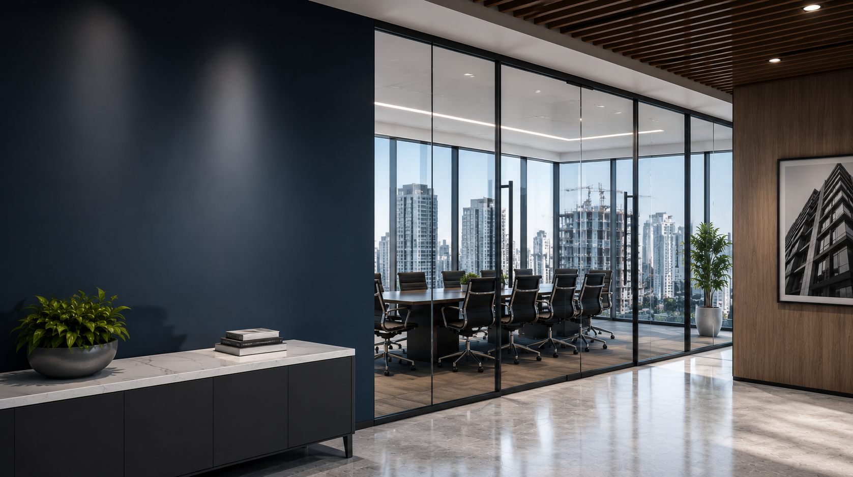 Modern office conference room with large floor-to-ceiling windows overlooking city skyline, black chairs around a long table, potted plants, framed black and white building photograph, marble floor, and wooden ceiling.