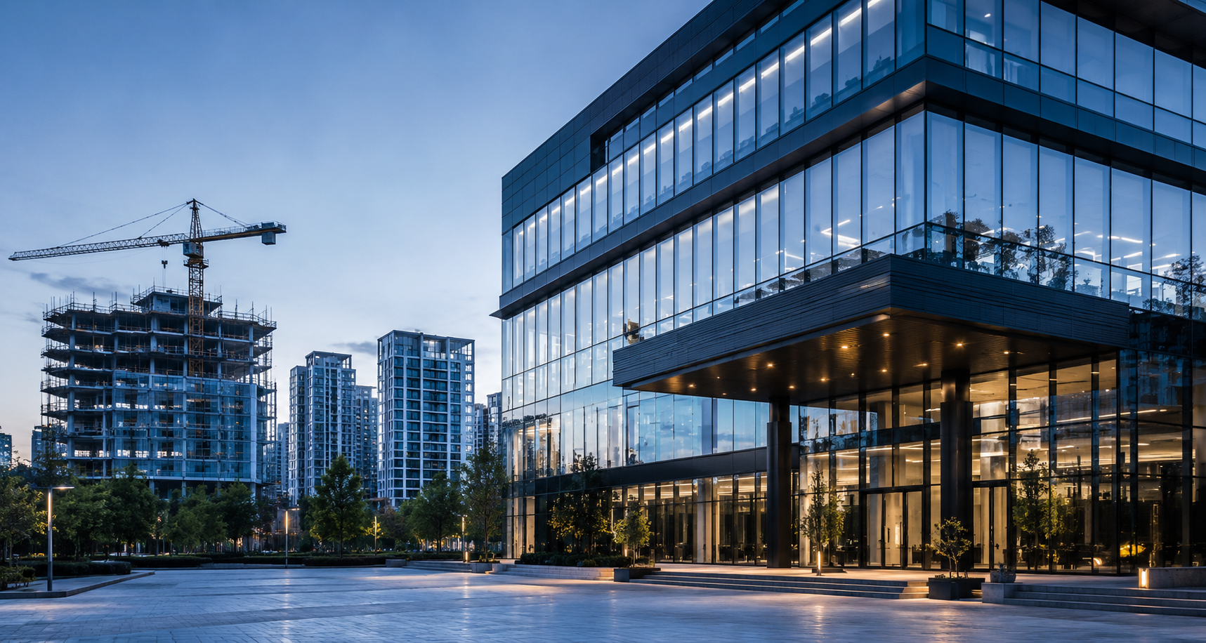 Modern glass building with illuminated interior, surrounded by trees and other high-rise buildings, some under construction, at dusk.