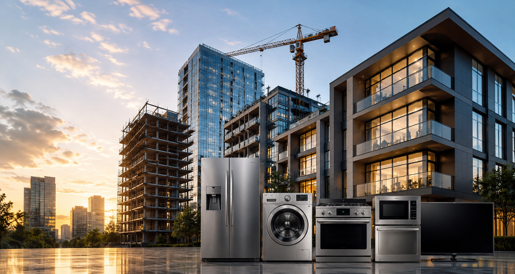 A collection of modern home appliances including a stainless steel refrigerator, washing machine, oven, microwave, and television set, positioned on an outdoor plaza with high-rise buildings under construction and completed buildings in the background at sunset.