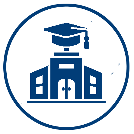 Icon of a school building with a graduation cap on top, enclosed in a circle.