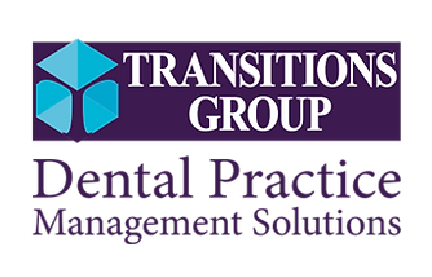 Logo of Transitions Group, dental practice management solutions with text and blue geometric design.
