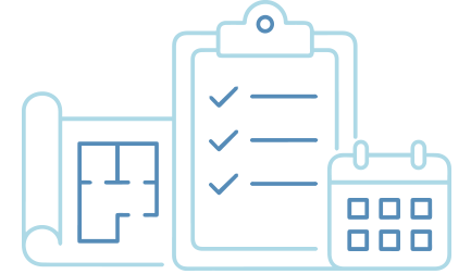Iconic medical and planning symbols: a blueprint, a checklist on a clipboard, and a calendar.