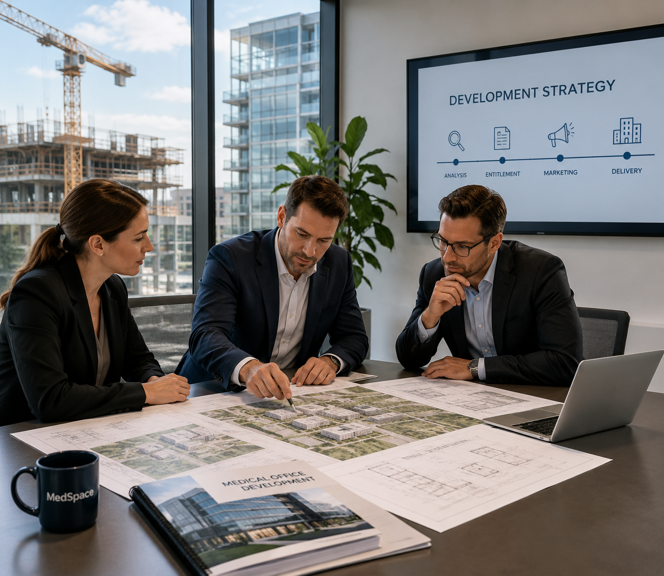 Three professionals in business attire examining architectural plans on a table, with a laptop and a mug on the table, in a modern office with large windows showing a cityscape and a construction site outside. A screen on the wall displays a development strategy diagram.