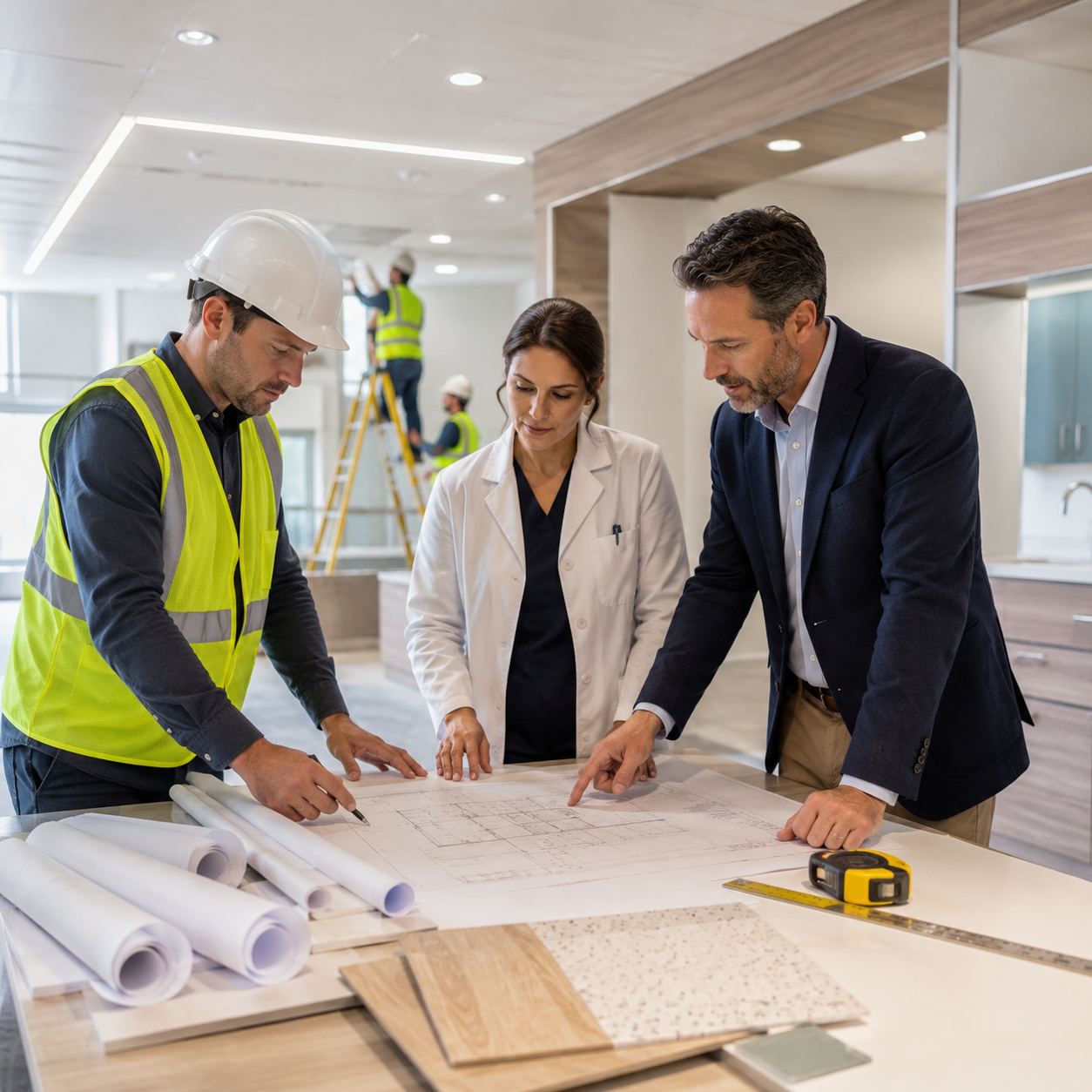 Three construction professionals discuss plans at a table with rolled blueprints, sample tiles, and a measuring tape. Two workers are in safety vests and helmets, and a woman is in a white lab coat, in an indoor construction site with additional workers in the background.