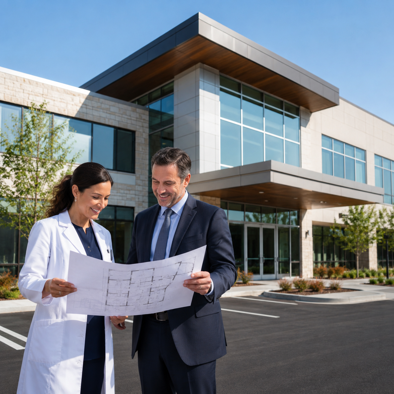 Two professionals, a woman in a white lab coat and a man in a suit, looking at a blueprint outside a modern office building on a sunny day.