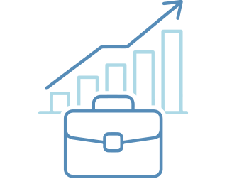 A rising bar graph with an upward arrow and a briefcase, symbolizing business growth or success.