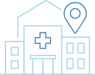 Outline of a hospital building with a cross symbol, a pin location marker on the top right, and three floors.