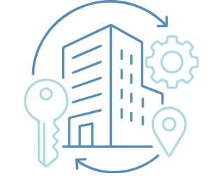 Illustration of a building with surrounding gears, keys, and location markers, representing real estate or property management concepts.
