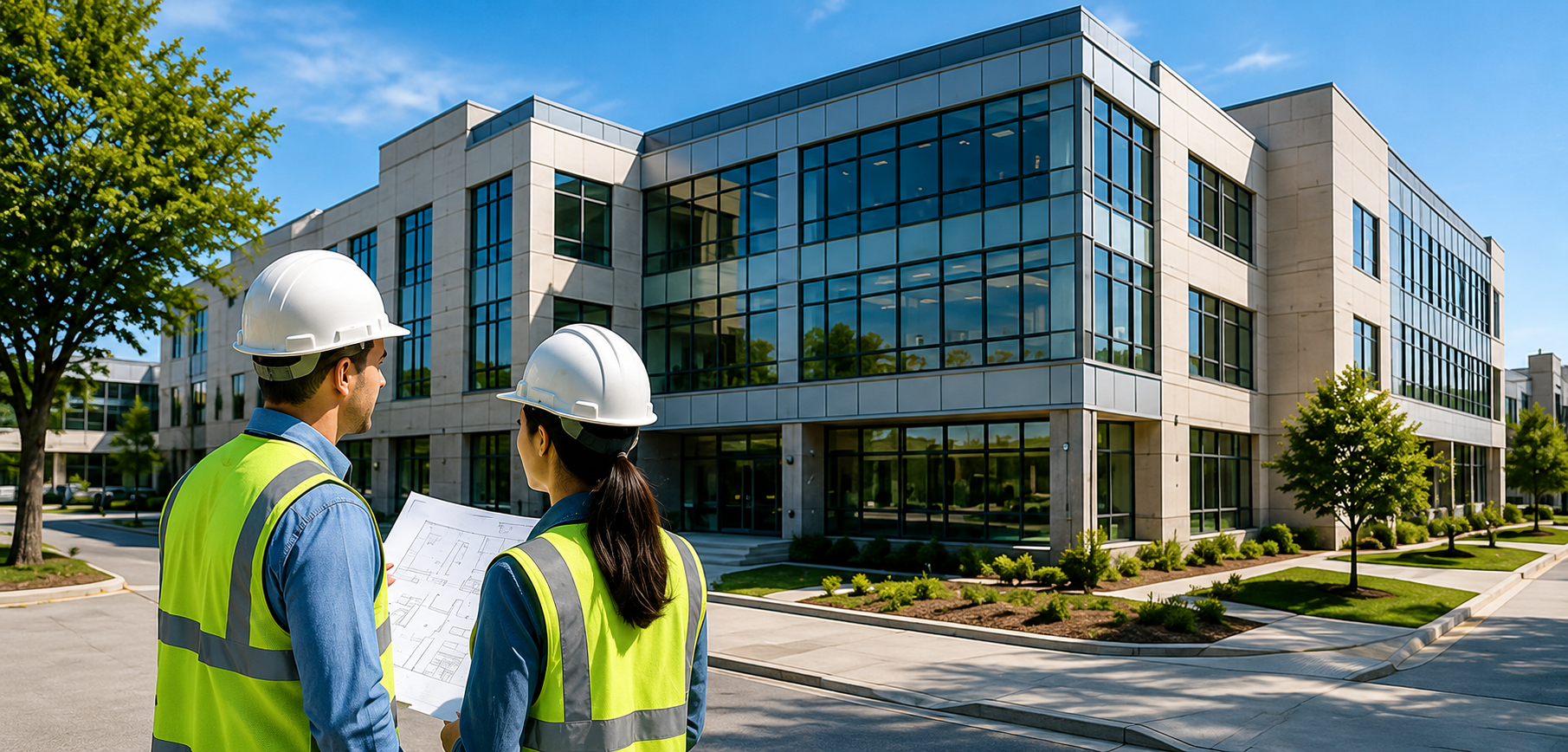 Two construction workers in safety vests and helmets review blueprints outside a modern glass building.