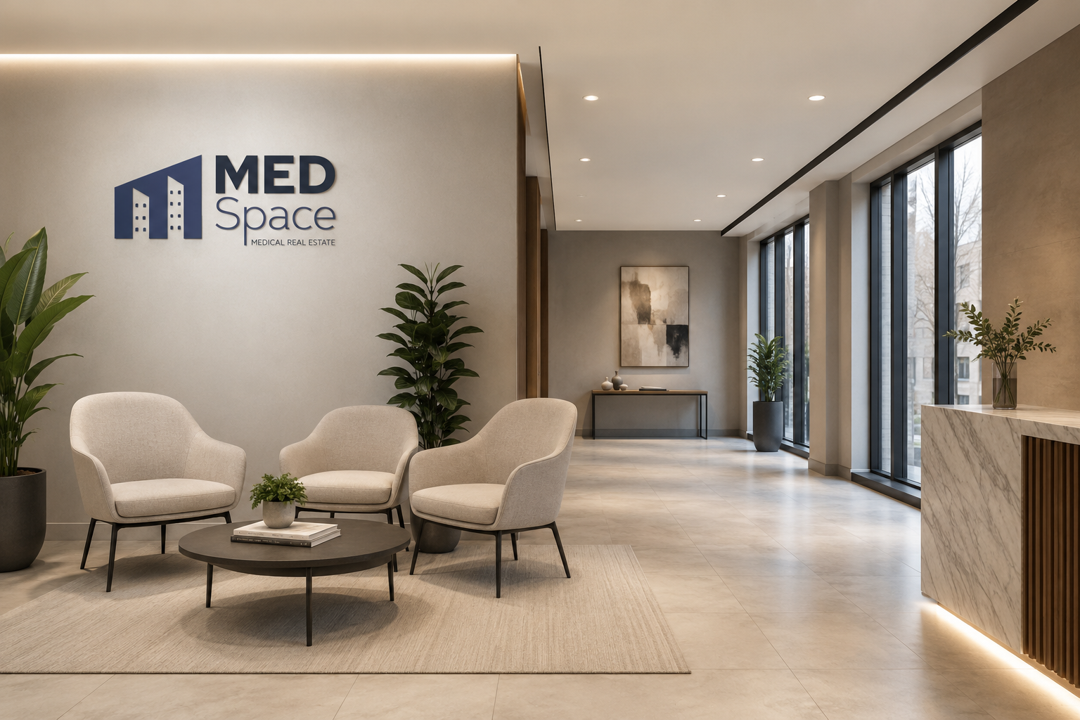 Modern medical office reception area with beige chairs, potted plants, a coffee table, and a sign that says 'MED Space Medical Real Estate' on the wall.