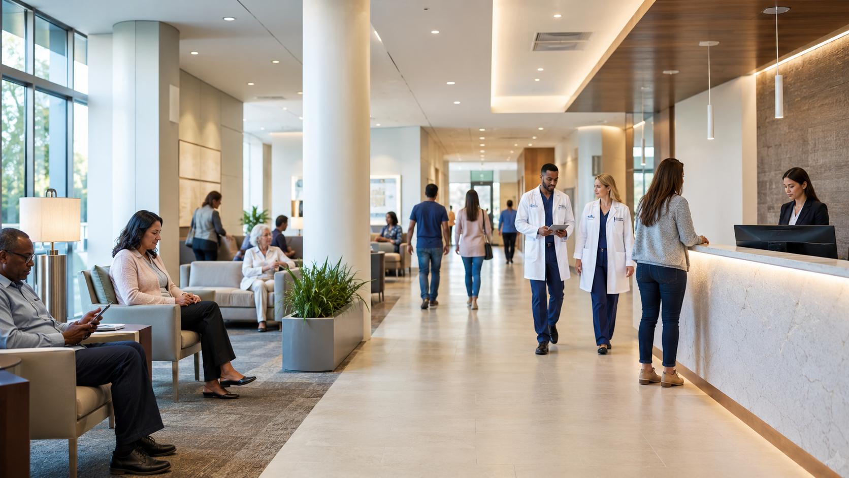 Hospital lobby with patients waiting, medical staff, and a receptionist at the front desk.