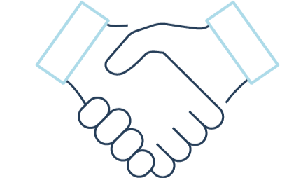 A graphic illustration of a handshake with two rectangular shapes representing documents or agreements.
