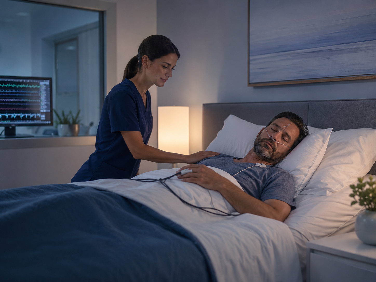 A female nurse in blue scrubs tending to a male patient in a hospital bed, who is resting with a nasal oxygen tube and connected to monitoring equipment, in a dimly lit room.