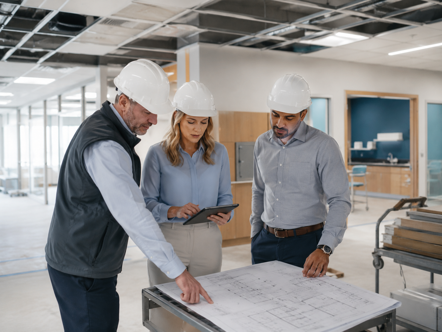 Three construction professionals, two men and one woman, wearing white safety helmets, are gathered around a table with architectural plans in a building under construction.