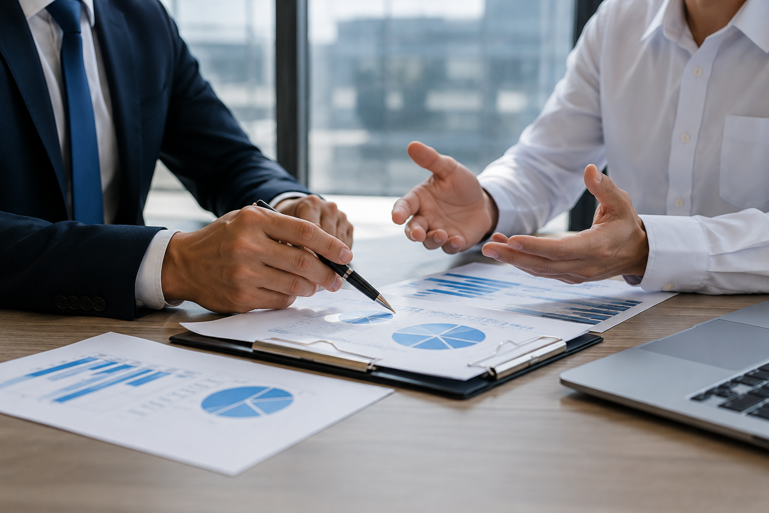 Two business professionals discussing financial reports with charts and graphs on paper at a desk