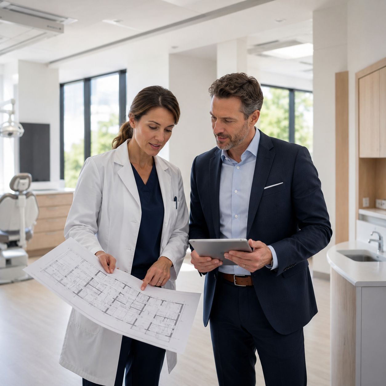 A female doctor and a male businessman reviewing architectural blueprints and a tablet in a modern medical office.