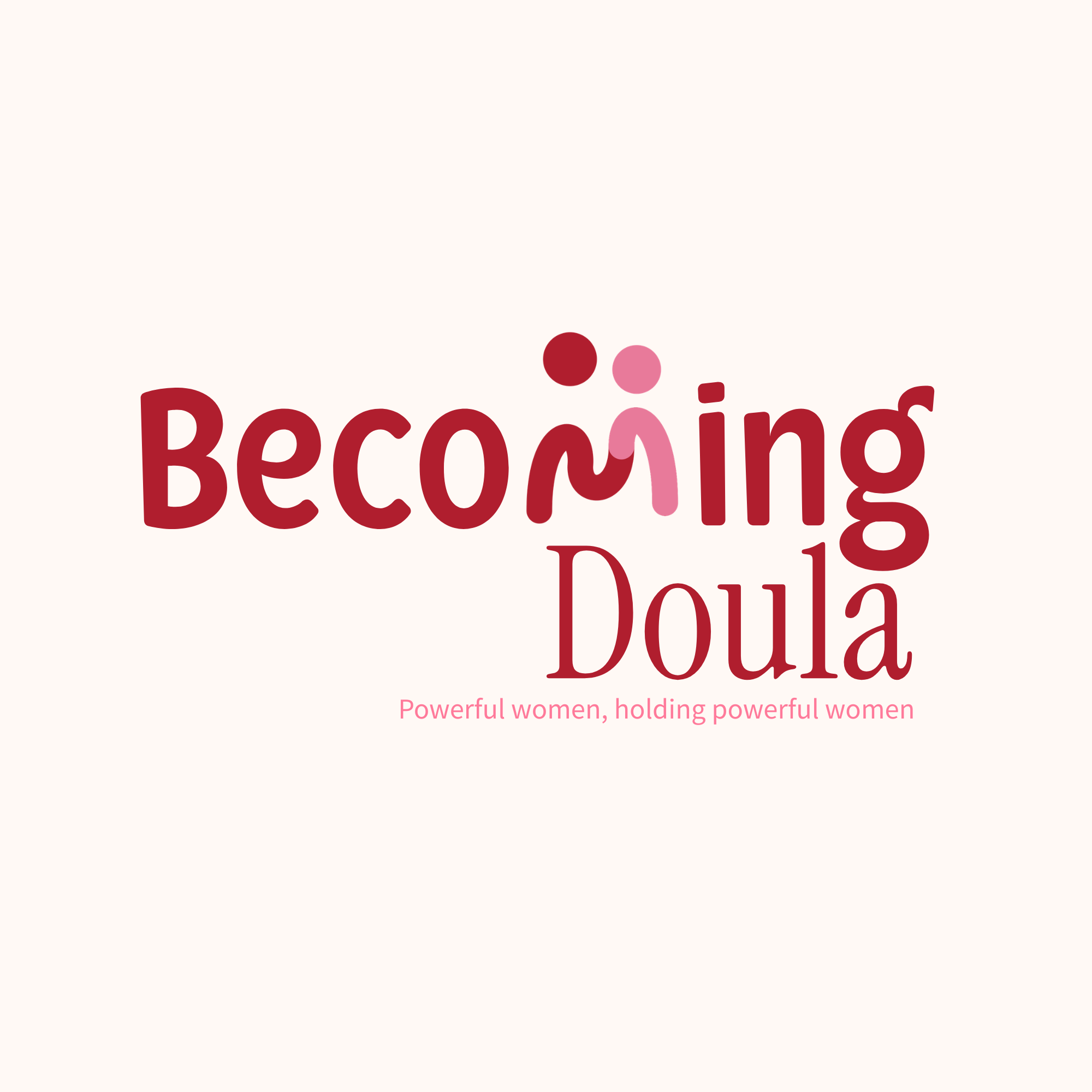 Text reading 'Becoming Doula' with a pink and red icon depicting two people holding hands and the phrase 'Powerful women, holding powerful women' below.