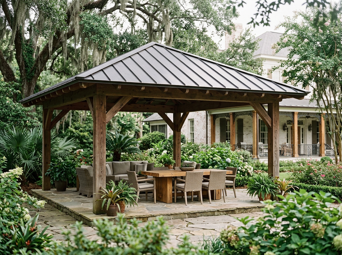 A wooden gazebo with a metal roof, outdoor table and chairs, surrounded by lush green plants and trees in a garden.