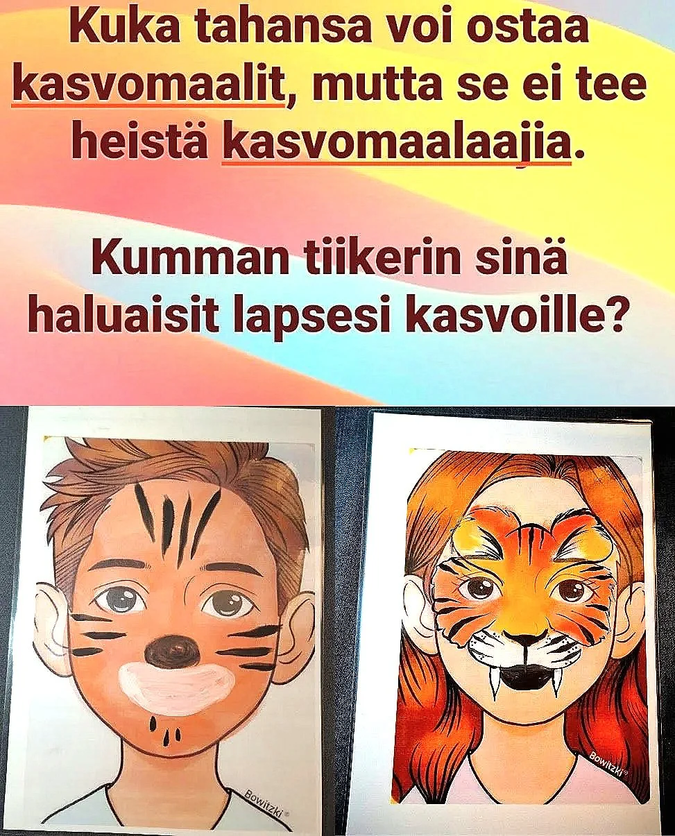 Kaksi kasvomaalausta, joista toisen on tehnyt aloittelija, toisen taas Mona Hyvärinen itse. 
