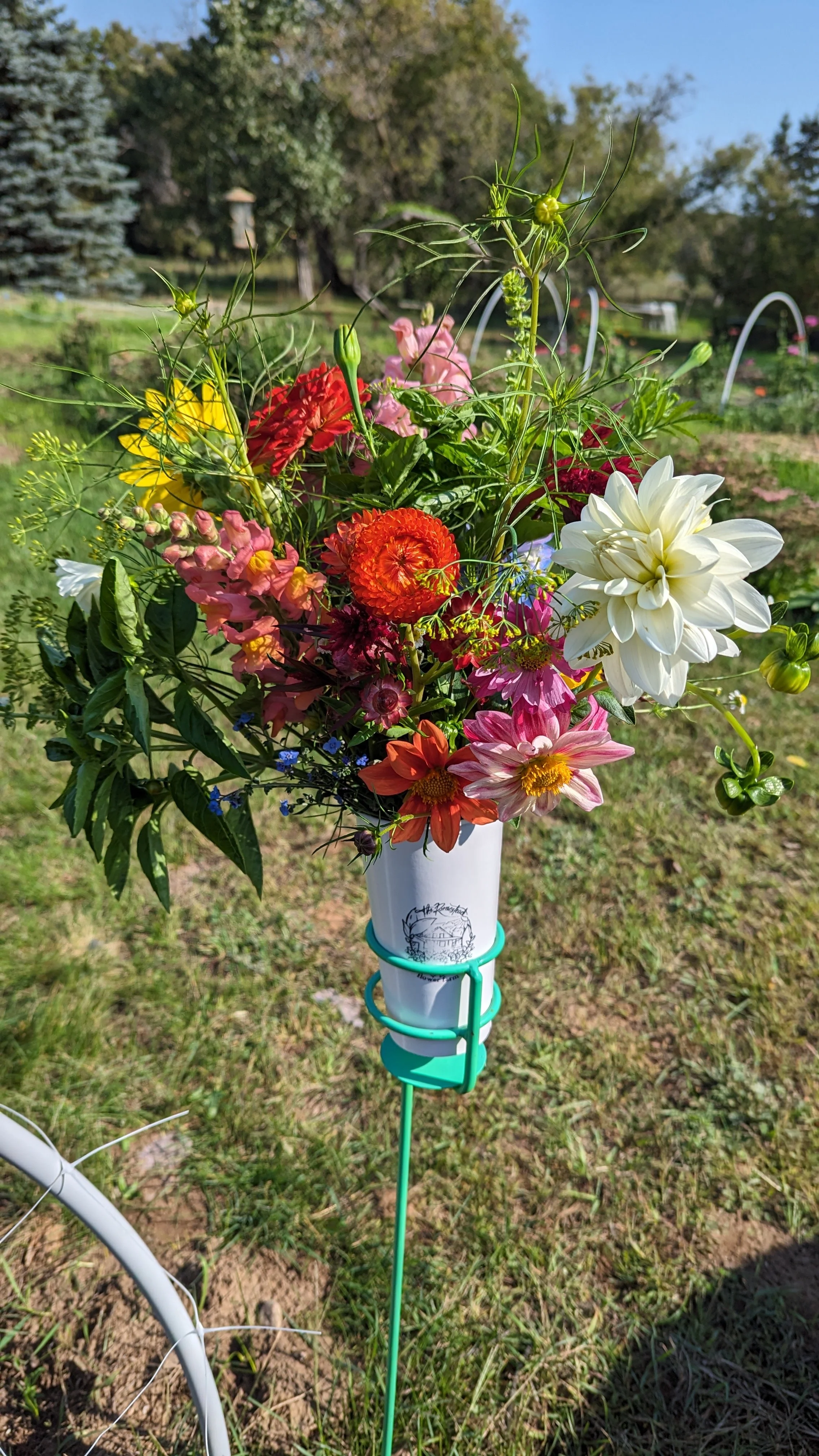 A colorful bouquet of various flowers, including dahlias and snapdragons, arranged in a white vase placed on a green wire holder in an outdoor garden setting with trees and a lawn in the background.