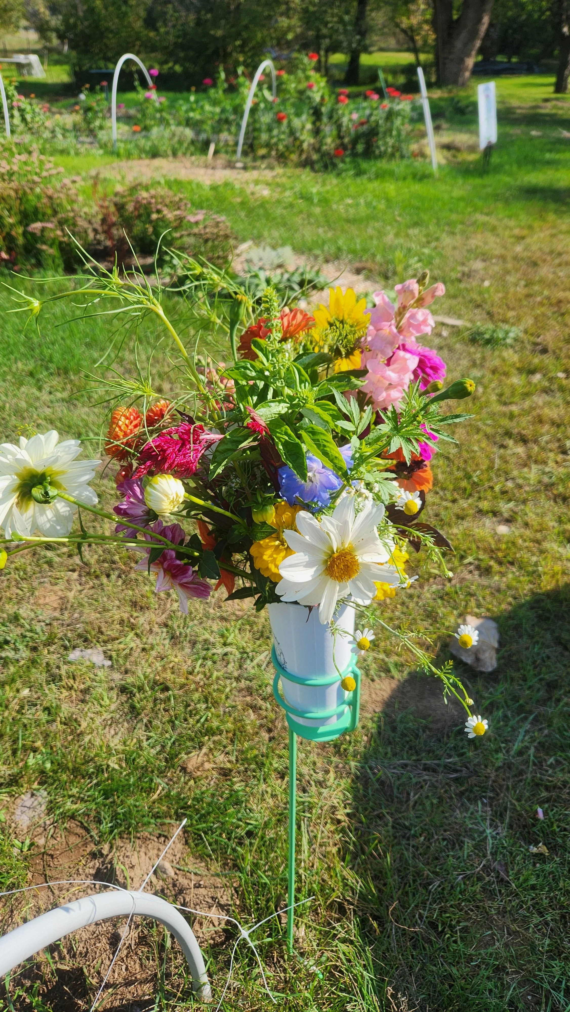 A small bouquet of colorful flowers, including white, pink, yellow, orange, and purple blossoms, is arranged in a vase attached to a green stake in a garden. The garden has a green lawn, flowering shrubs, and trees in the background.