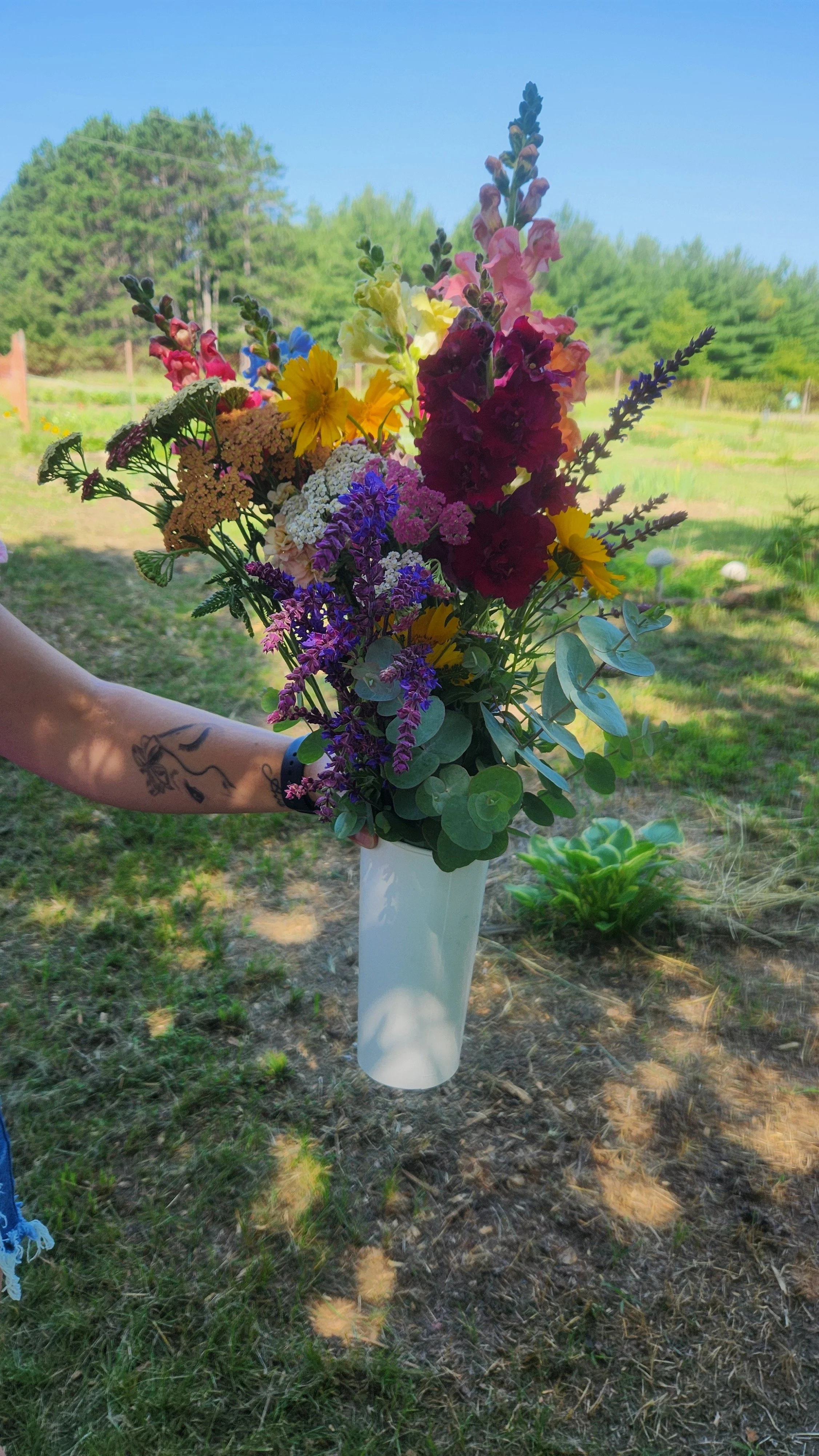 Person holding a colorful bouquet of flowers in a white vase outdoors on a sunny day with green trees and grass in the background.  from a you-pick or u-pick flower farm in east central minnesota
