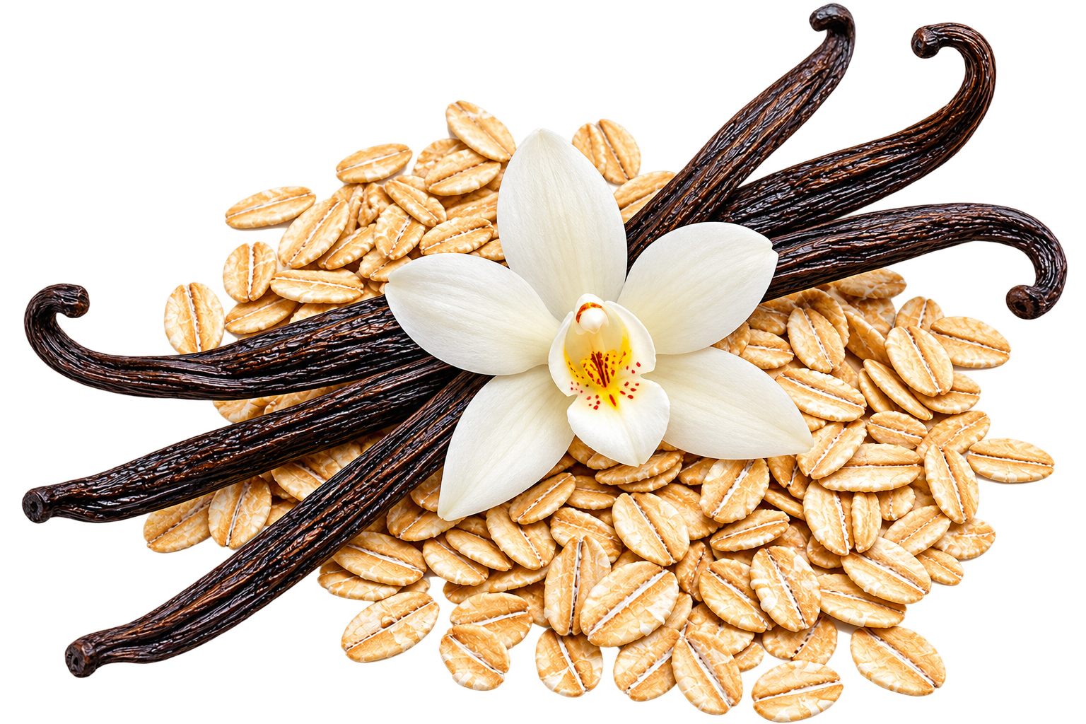 Vanilla beans, vanilla flower, and oats representing the warm essential oil blend used in Mind Your Own Beeswax hand balm.