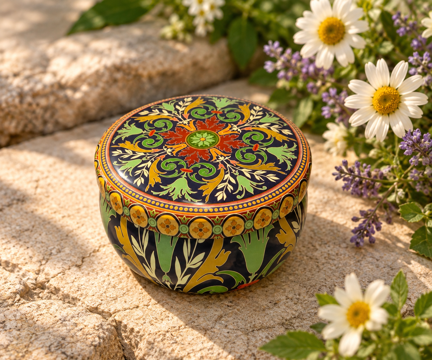 Decorative floral tin of Mind Your Own Beeswax hand balm photographed outdoors beside mountain wildflowers.