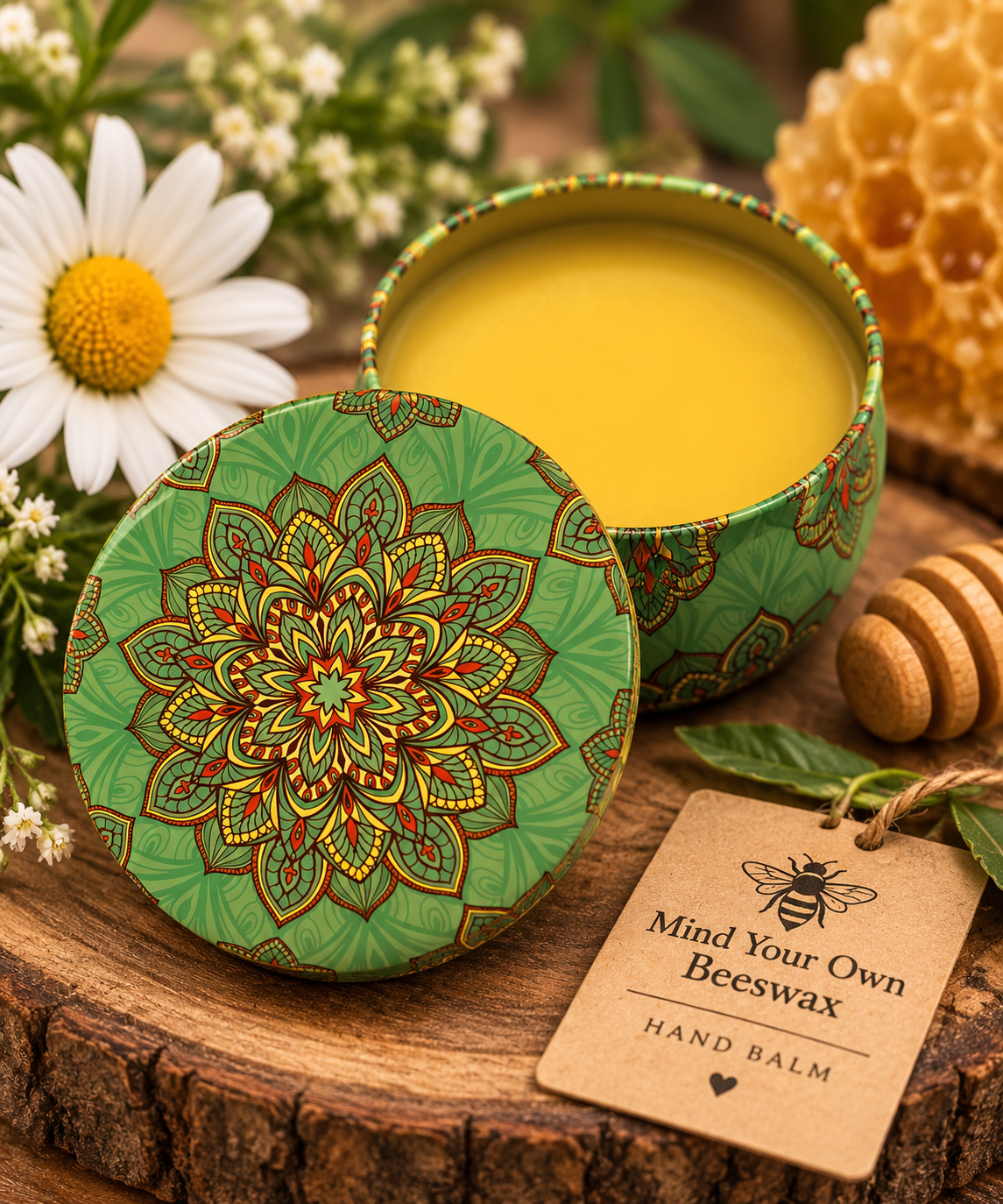 Open green decorative tin of Mind Your Own Beeswax hand balm displayed with honeycomb, flowers, and a wooden honey dipper.