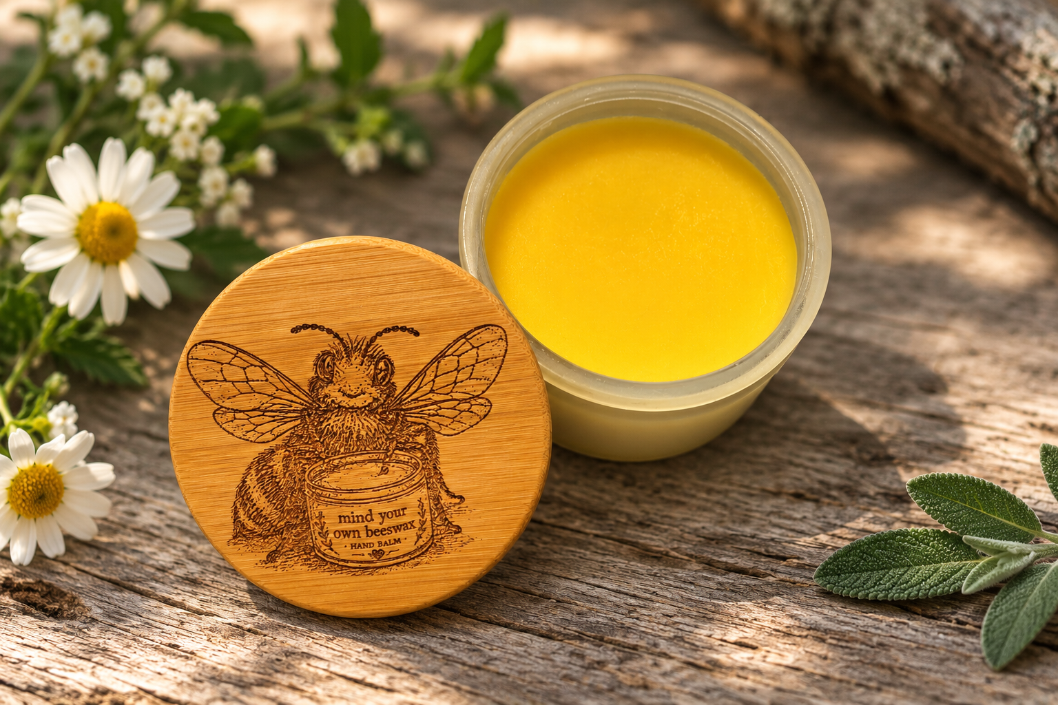 Four-ounce Mind Your Own Beeswax hand balm in a frosted glass jar with a laser-etched bamboo lid, shown open beside wildflowers.