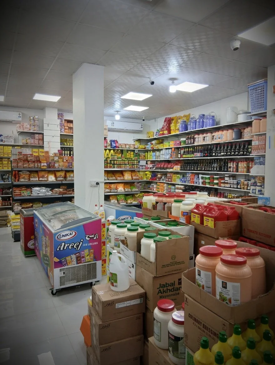 Interior view of a grocery store aisle with shelves stocked with packaged food, condiments, and household items, with a freezer unit in the foreground and boxes of products stacked on the floor.