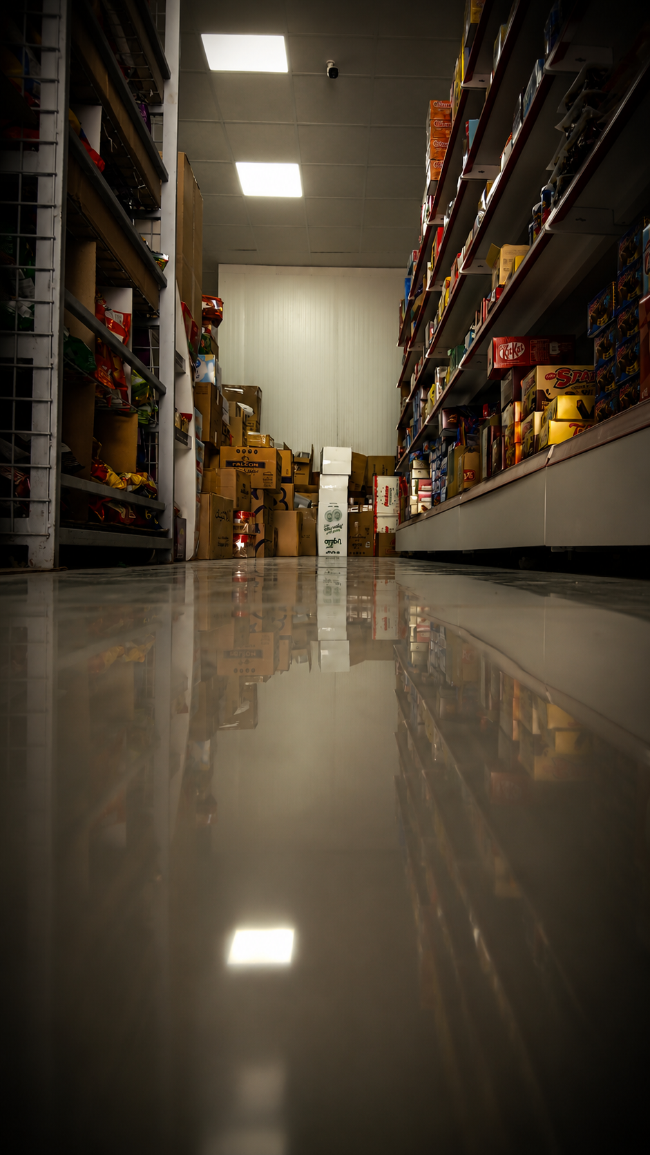 View from the floor of a grocery aisle with shelves stocked with various snack foods and boxes, illuminated by ceiling lights, and a reflection on the polished floor.