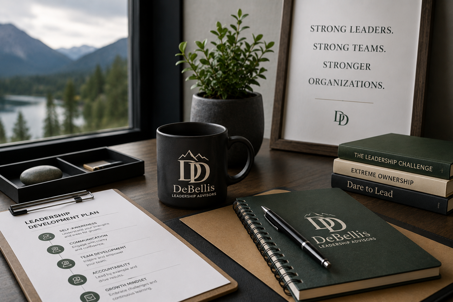 Desk setup with a framed quote, a potted plant, a coffee mug with 'DeBellis Leadership Advisors' logo, a stack of books on leadership, a notebook, a pen, and a leadership development plan on paper, with mountains and lake visible outside the window.