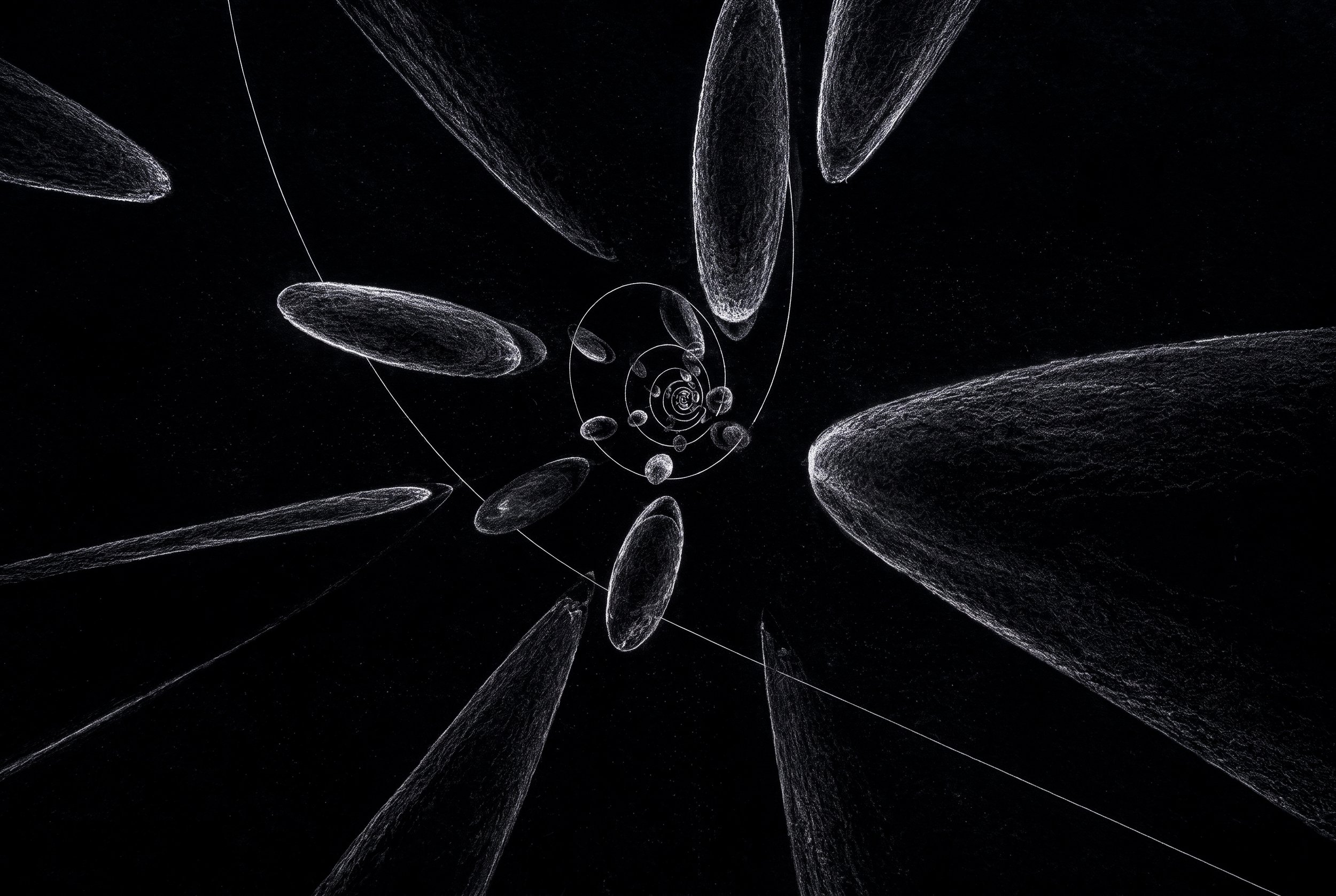 Abstract digital art with swirling white lines and oval shapes on a black background.