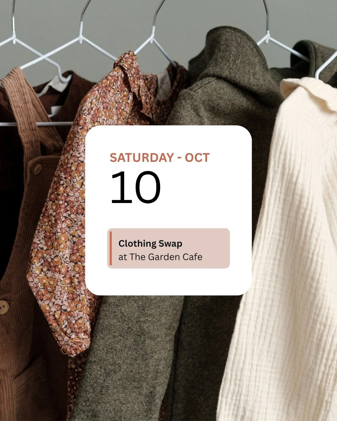 Come snag some your next favorite thread while having a yummy drink with friends. The Garden Cafe is holding a clothing swap Saturday, October 10th from 10am - 1pm!

Drinks will be discounted if you bring clothing donations, and any pieces not taken 
