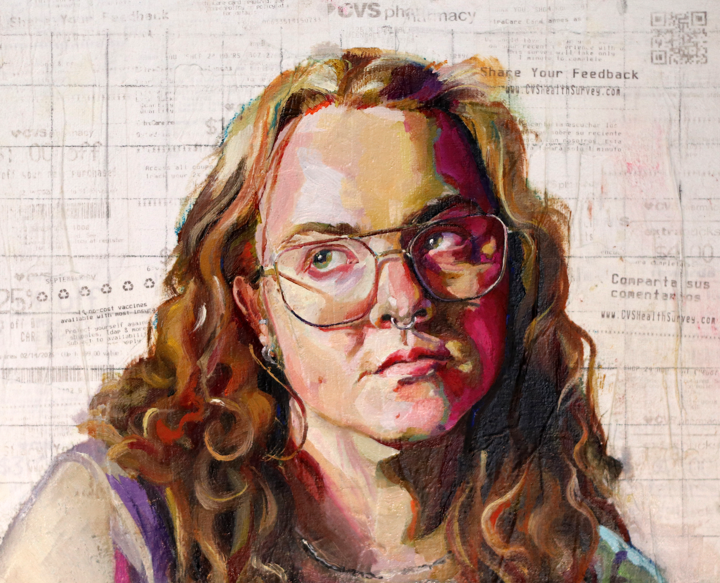 stylized portrait painting of the artist, an androgynous person with light skin, long wavy auburn hair, and green eyes. they are wearing aviator style glasses andd looking up to the left away from the viewer