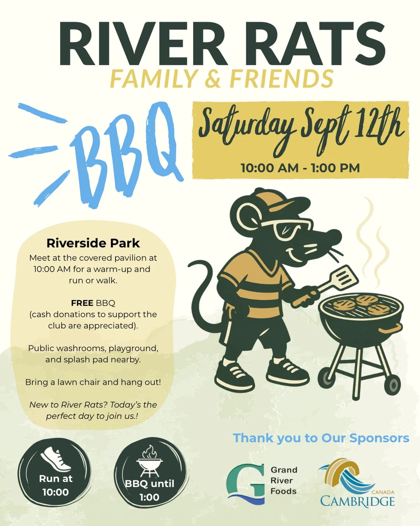Join River Rats on Sunday, August 16 for a morning of movement, great food, and even better company!

We&rsquo;ll kick things off with a warm-up and run/walk at 10:00AM, then stick around until 1:00 PM for a 𝙁𝙍𝙀𝙀  community BBQ.

On the menu:
🍔 