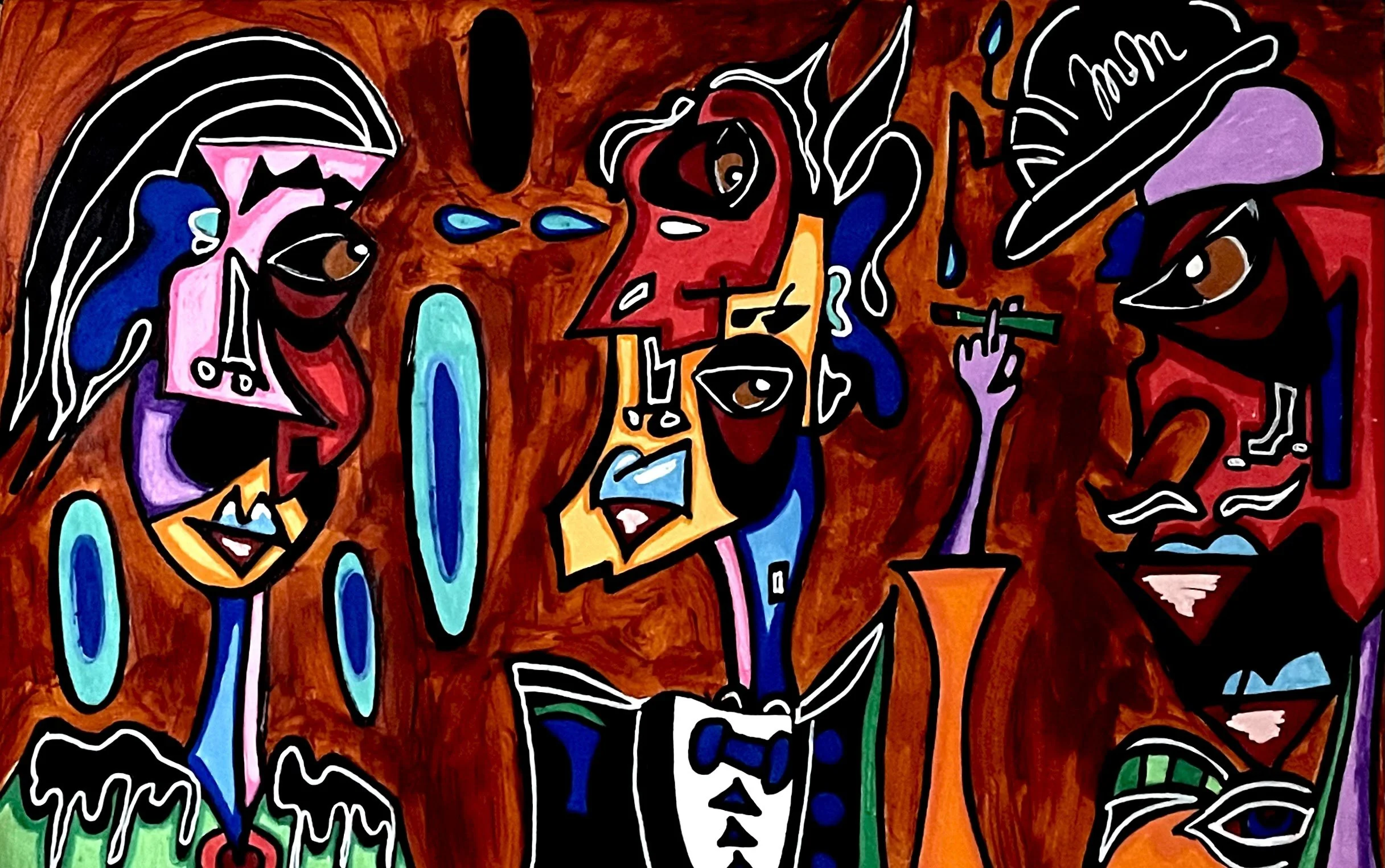 Colorful abstract painting with human faces and various shapes, predominantly in reds, blacks, purples, blues, and greens.