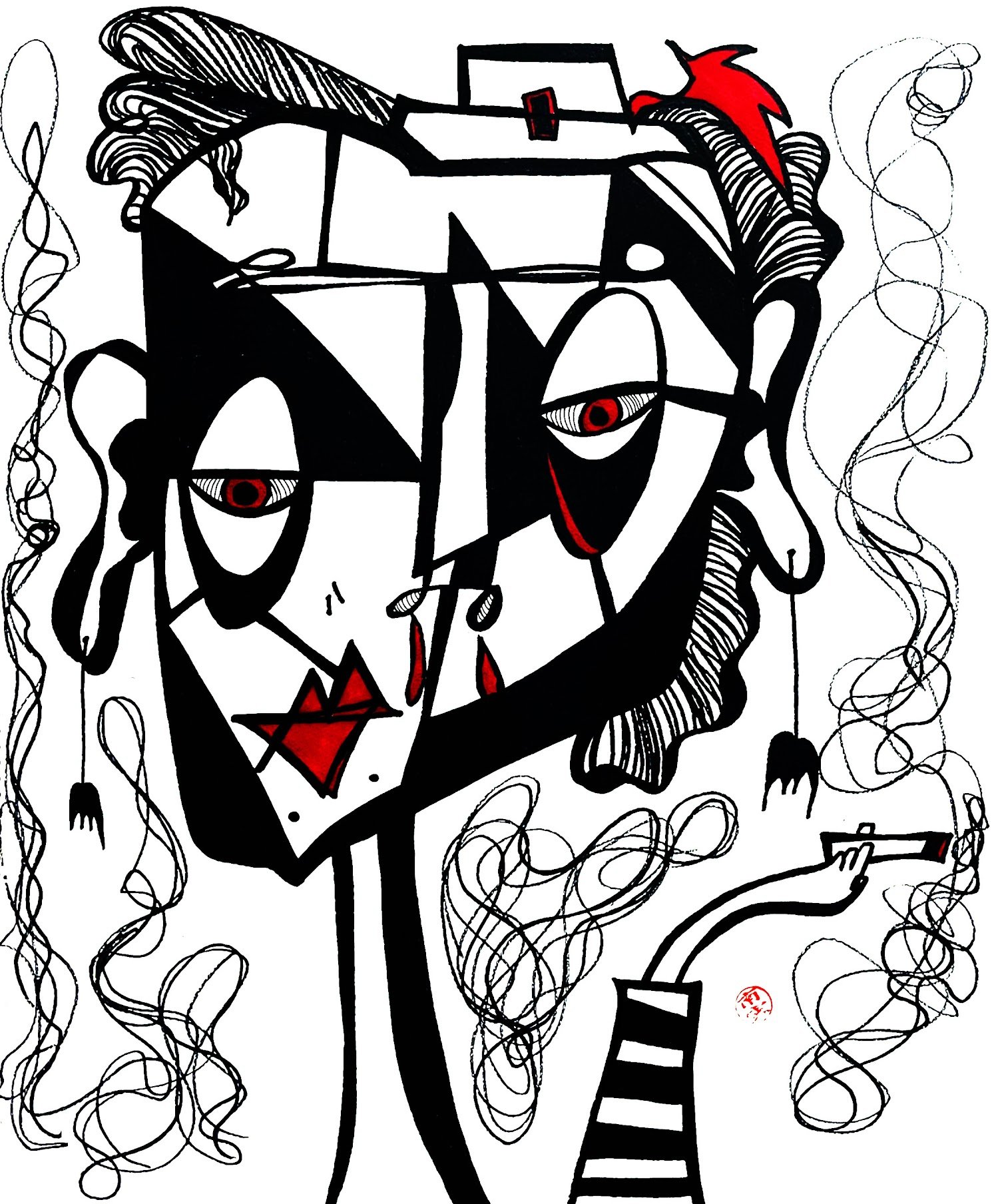Ruby Wine & Her Muse, red, black and white ink drawing by Minami Morris