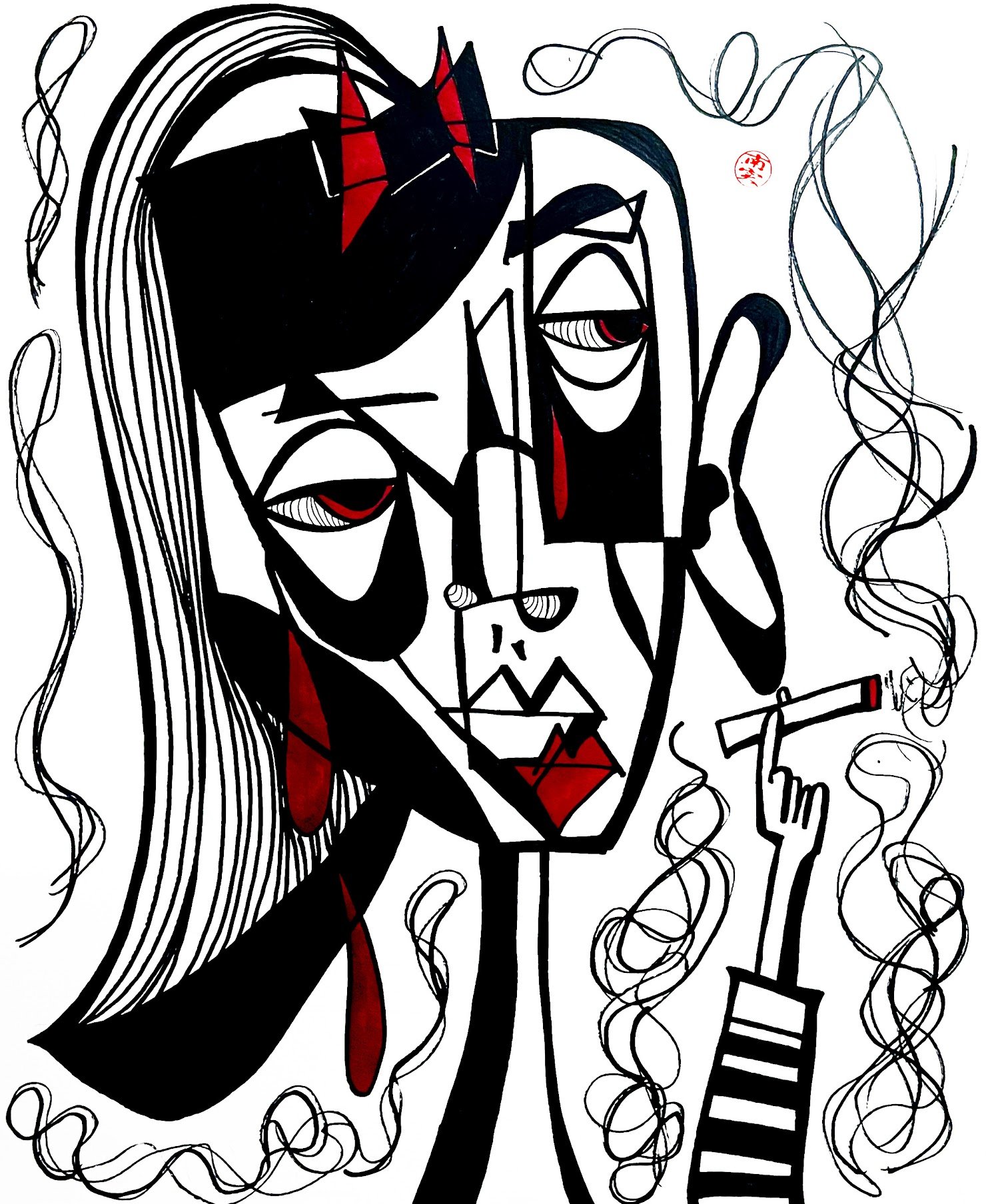 Ruby Wine & Her Muse, red, black and white ink drawing by Minami Morris