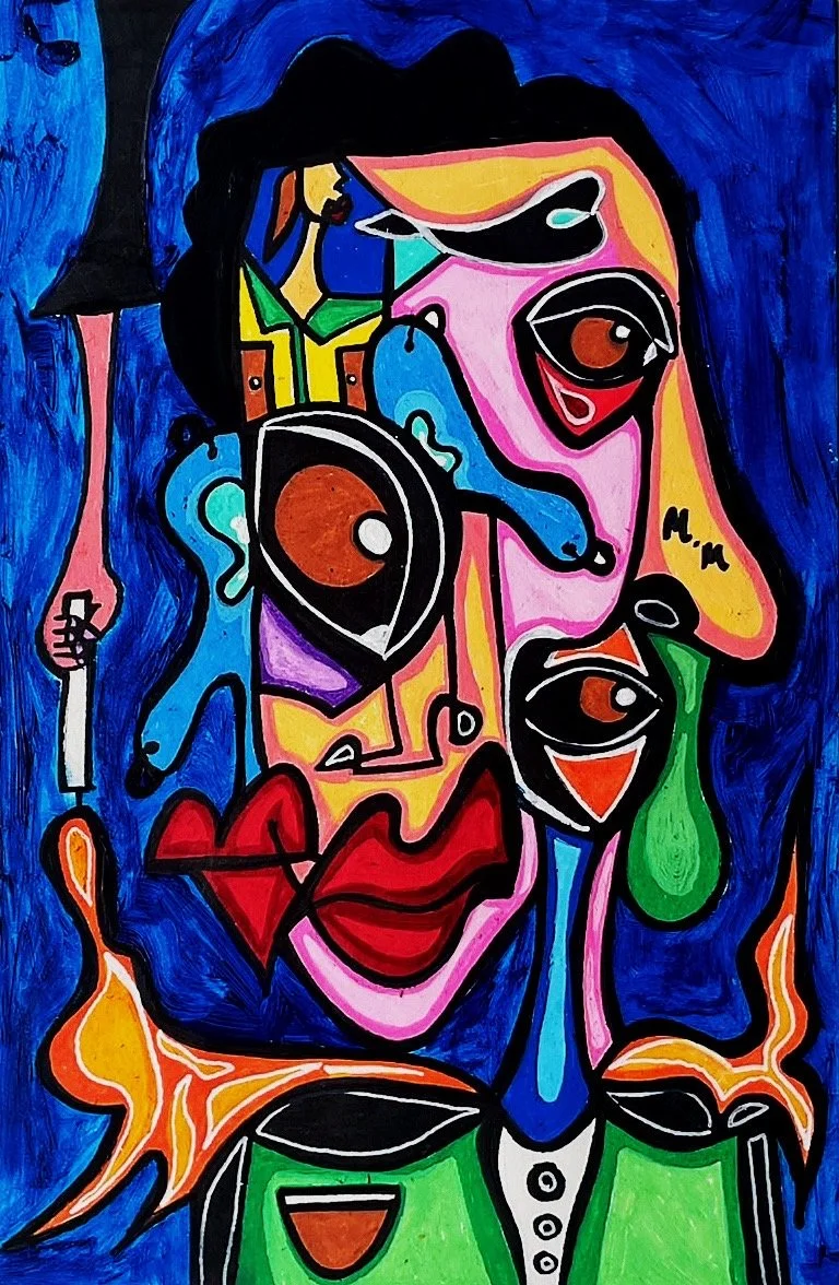 Colorful abstract painting of a woman with large eyes, red lips, and yellow hair, surrounded by various vibrant colors and shapes.