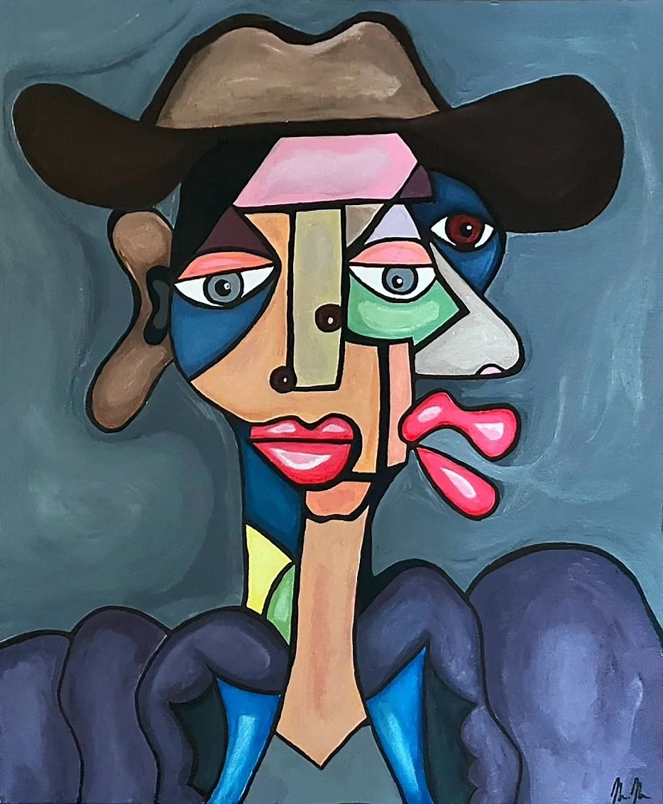 Abstract painting of a woman with a cowboy hat, featuring distorted facial features, multiple eyes and lips, in a Cubist style.