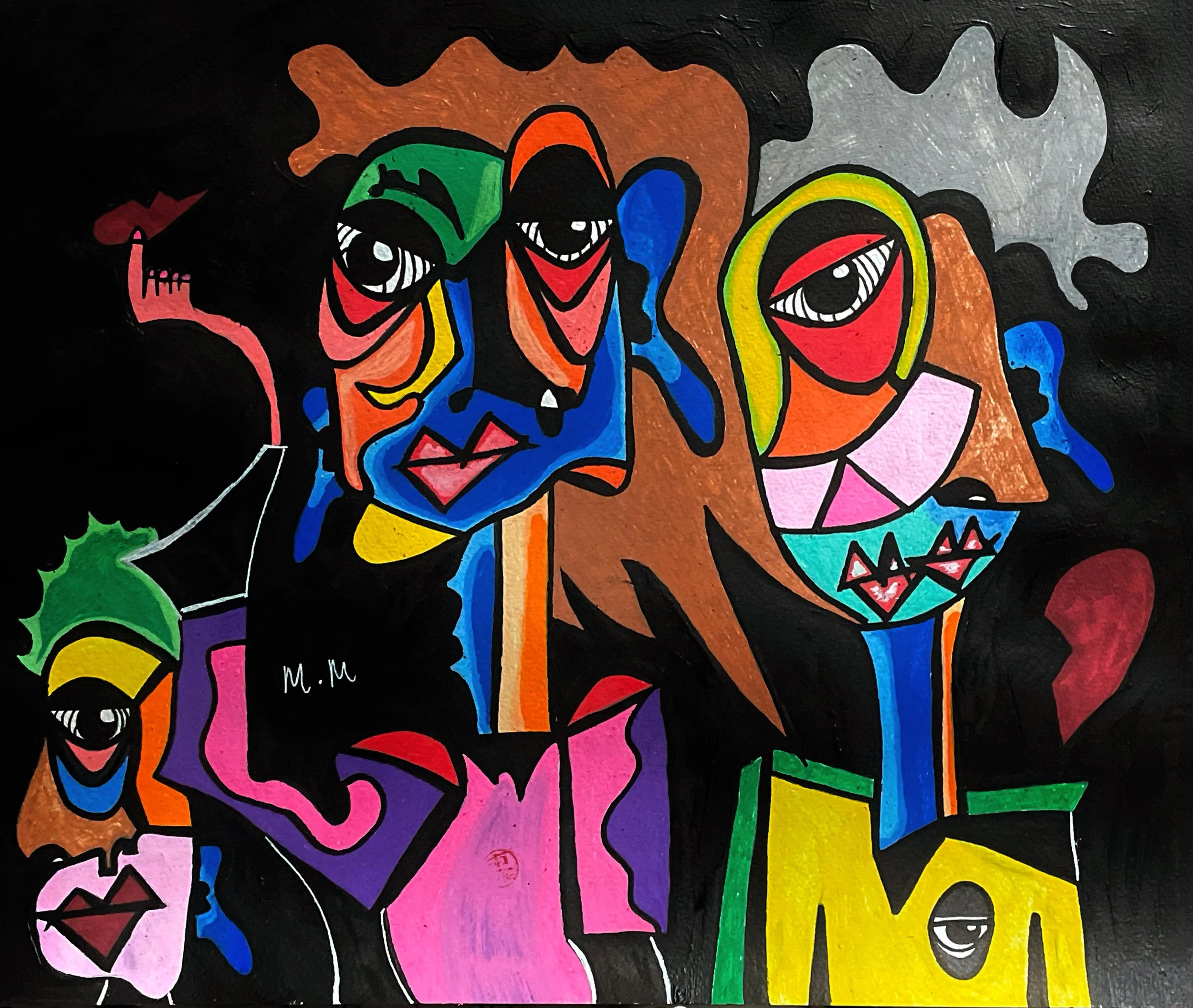 Colorful abstract painting with various faces and shapes on a black background.