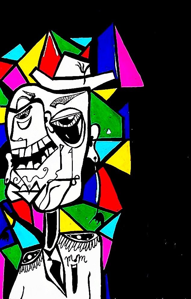 Black and white line drawing of two smiling, cartoonish people, surrounded by colorful, roughly triangular shapes on a black background.