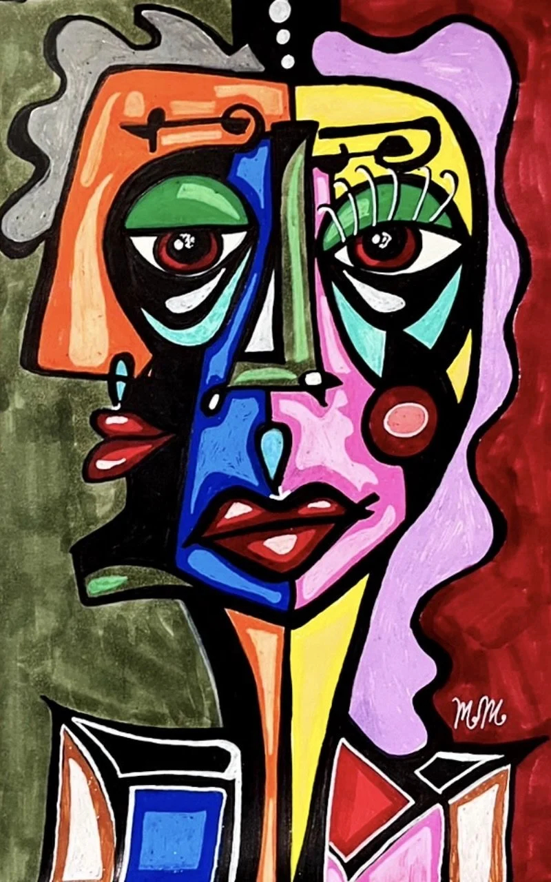 Abstract portrait of a woman with colorful, bold lines and shapes, featuring red eyes, green, blue, pink, and purple face sections, and decorative elements like earrings and wavy hair.