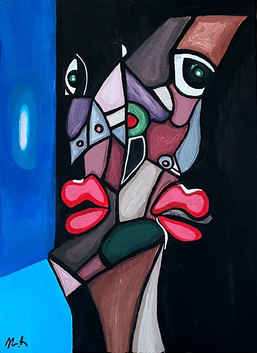 Cubist-style abstract painting of a woman's face with prominent lips, eye, and ear, using bold colors and geometric shapes, with background divided into black and blue sections.