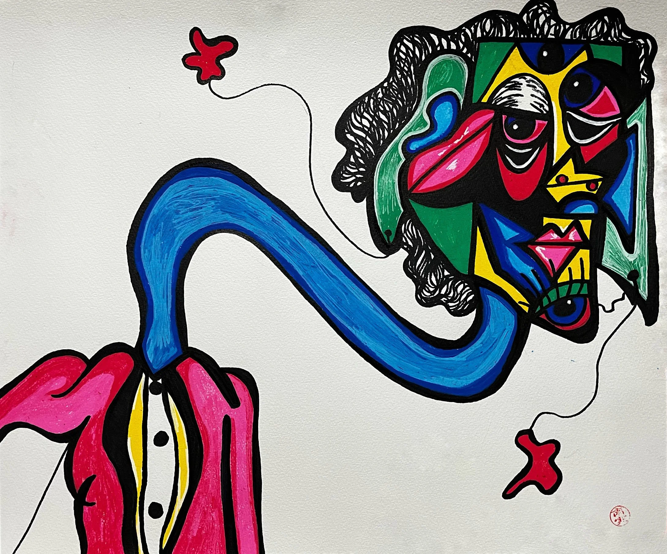 An abstract, colorful drawing of a face with big eyes and expressive features, with a blue swirling shape extending from the face to the left and red and pink shapes at the bottom.